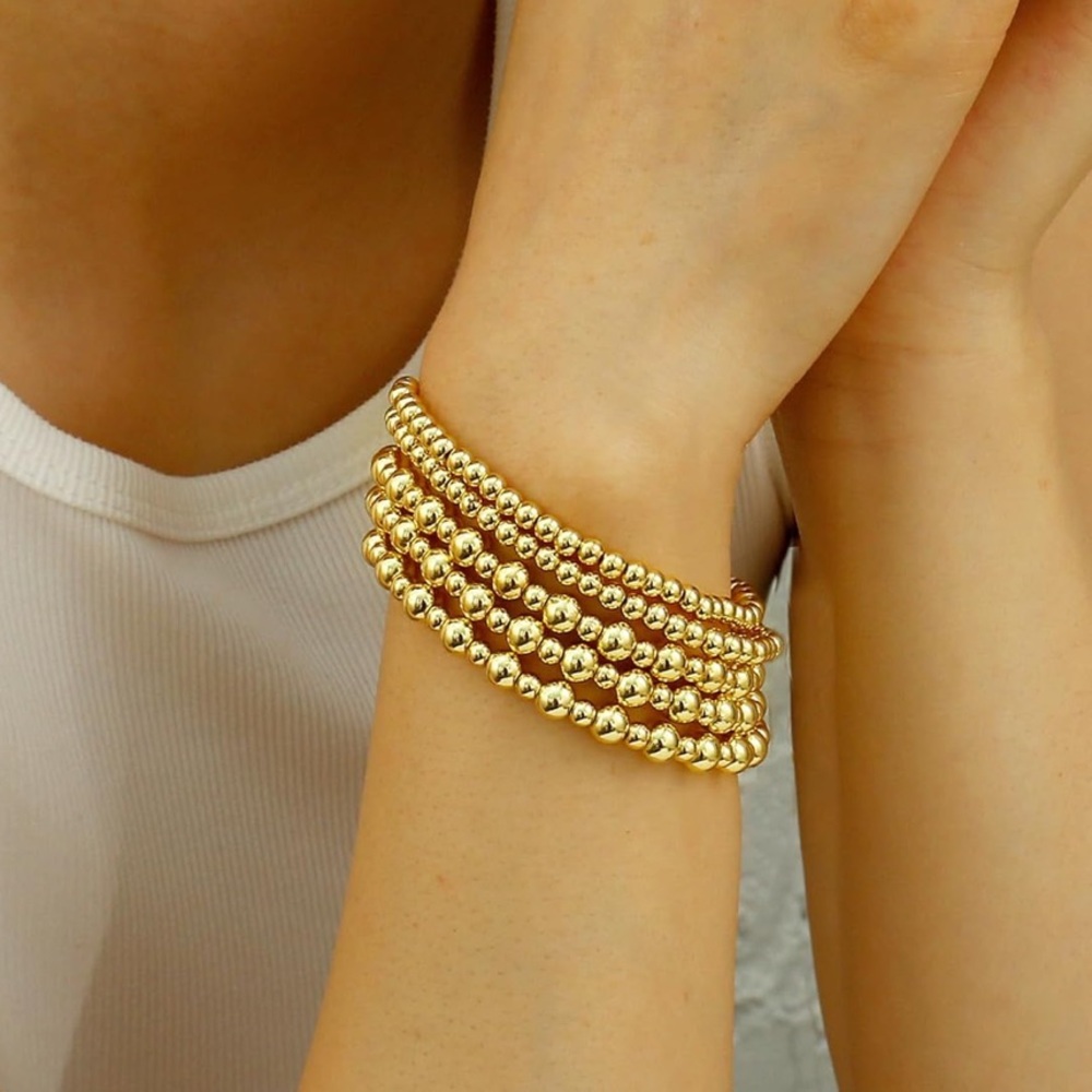 14K Gold Plated Beaded Elastic Bracelet Stack